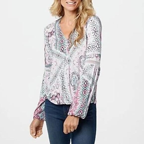Haute Hippie Tribe Floral Surplice V-Neck Blouse Pink Women's 3X Boho Festival - Picture 2 of 8